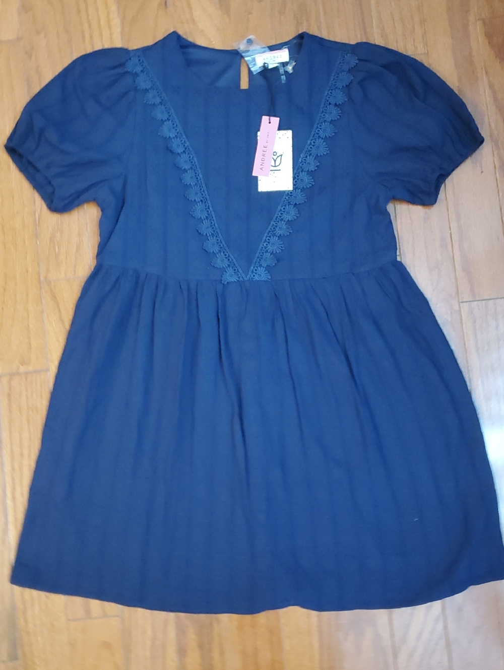 NWT Andree by Unit Puffed Sleeve Crochet Trim Navy Blue Dress Size Small